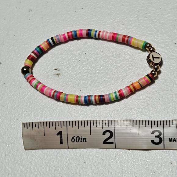 Boho Rainbow Disc Beads Stretch Bracelet Initial T Charm Fashion Jewelry Women - Picture 4 of 4